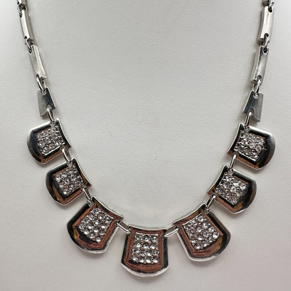 Vintage 90s Silver Tone Crystal Geometric Statement Necklace Y2K Jewelry